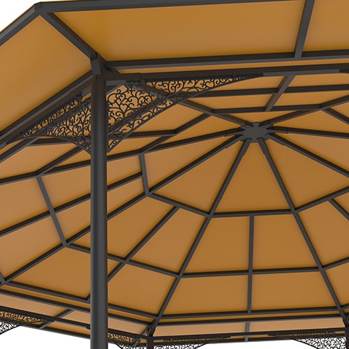 Detalle inferior del techo piramidal metálico de un kiosco moderno con diseño estructural decorativo